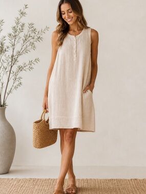 Wonderly Cotton Gauze Dress Beige Sleeveless Midi Coastal Summer Pockets